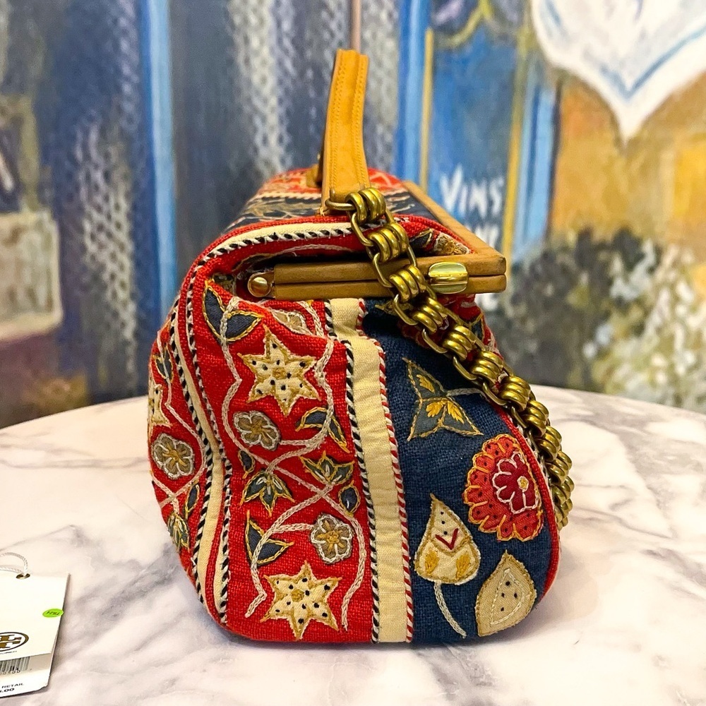 Tory Burch Tapestry Embroidered Barrel Bag Floral Carpet Navy Red Gold GUC - Picture 3 of 14